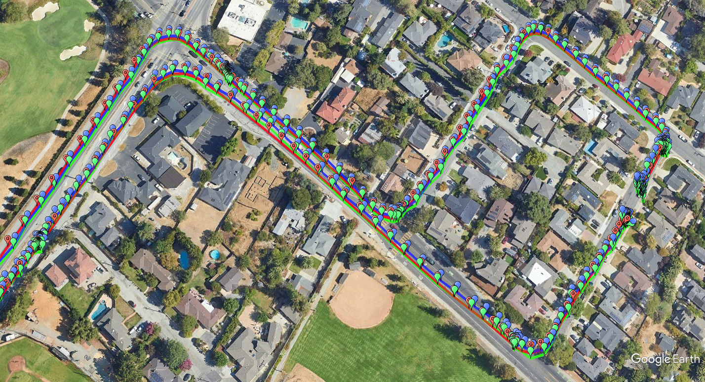 WLS, neural-network, and ground-truth horizontal trajectories overlaid on an aerial map